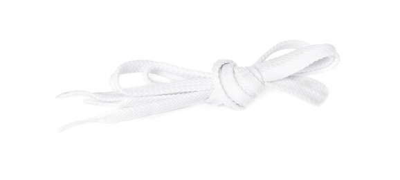 Photo of New shoe lace tied in knot isolated on white