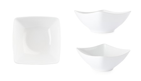 Set with empty ceramic bowls on white background 