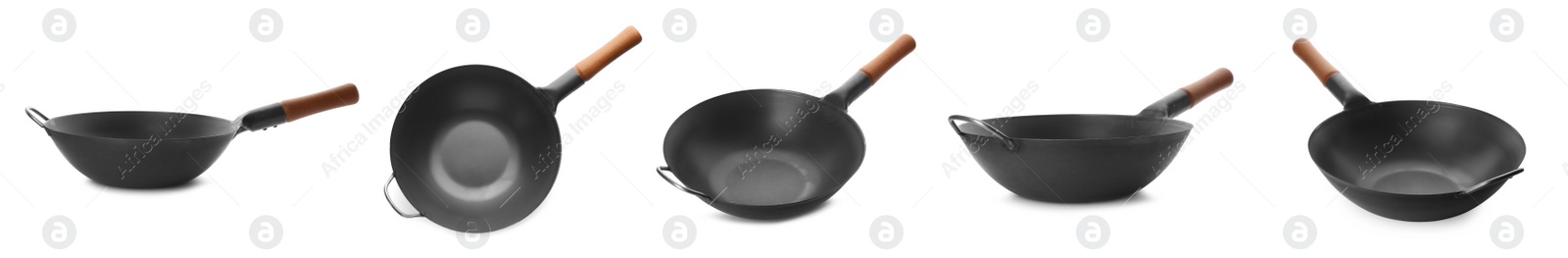 Image of Set with empty woks on white background. Banner design