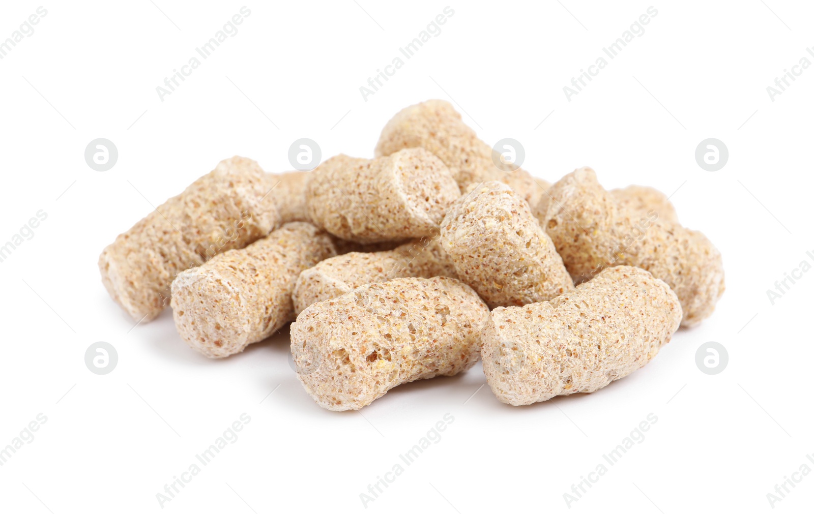 Photo of Pile of granulated wheat bran on white background