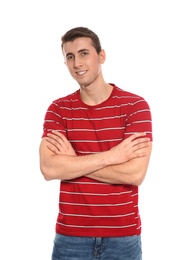 Portrait of young man in stylish clothes on white background