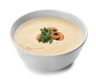 Photo of Bowl of fresh homemade mushroom soup on white background