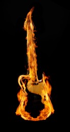 Image of Electric guitar in flames on black background, bright design, Rock music concept