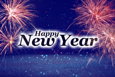Text Happy New Year on festive background with fireworks, bokeh effect