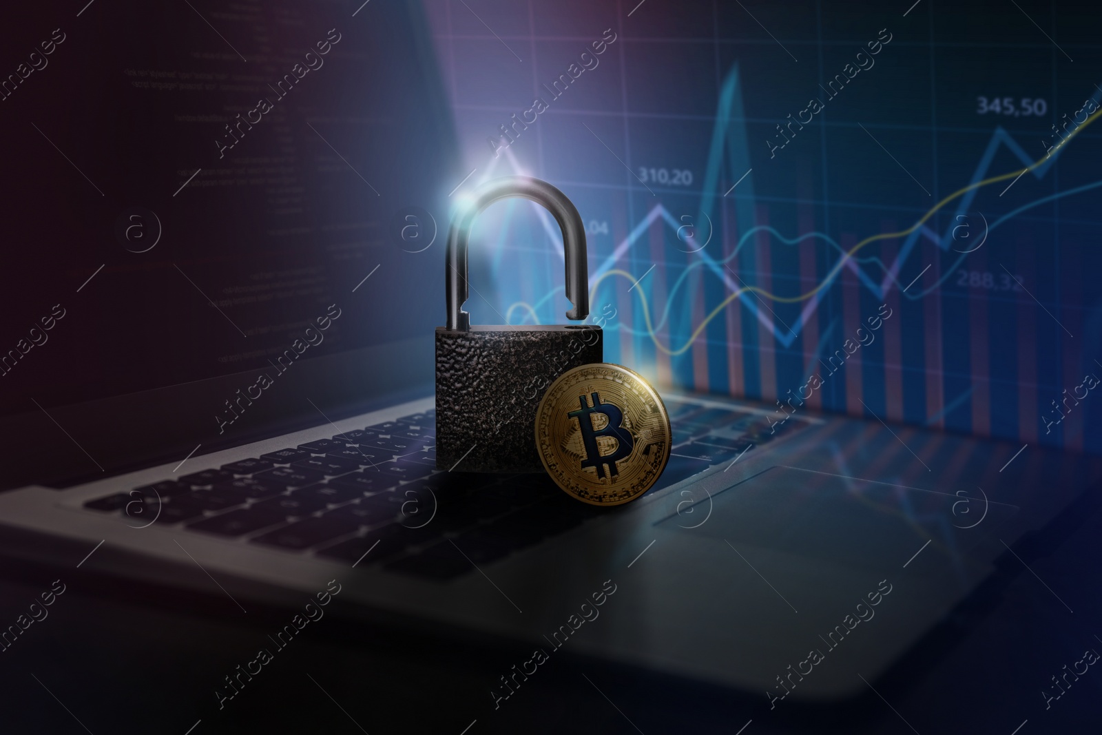 Image of Digital currency security. Bitcoin and padlock on laptop. Charts and graphs