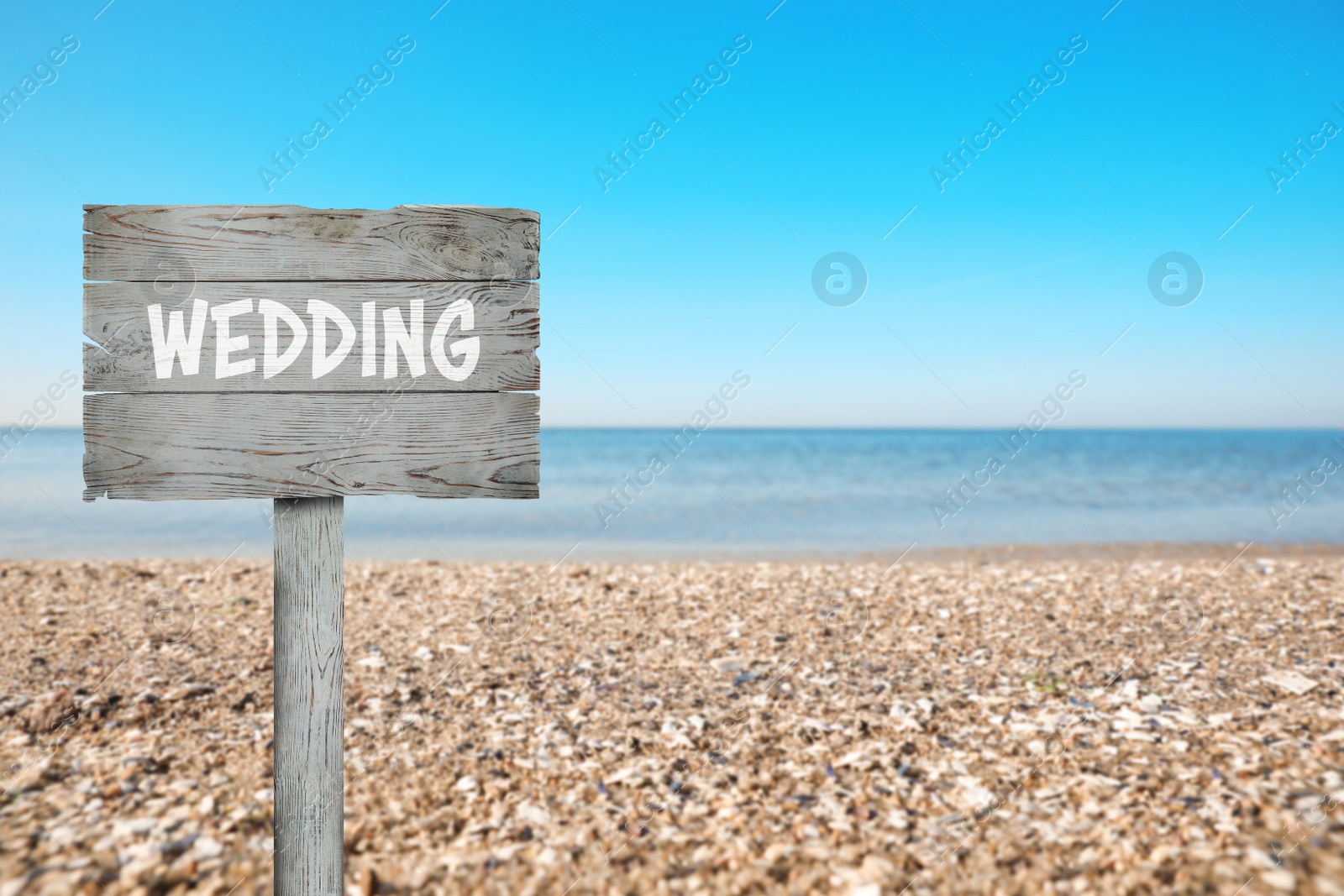 Image of Wooden plaque with inscription Wedding on sandy beach, space for text 