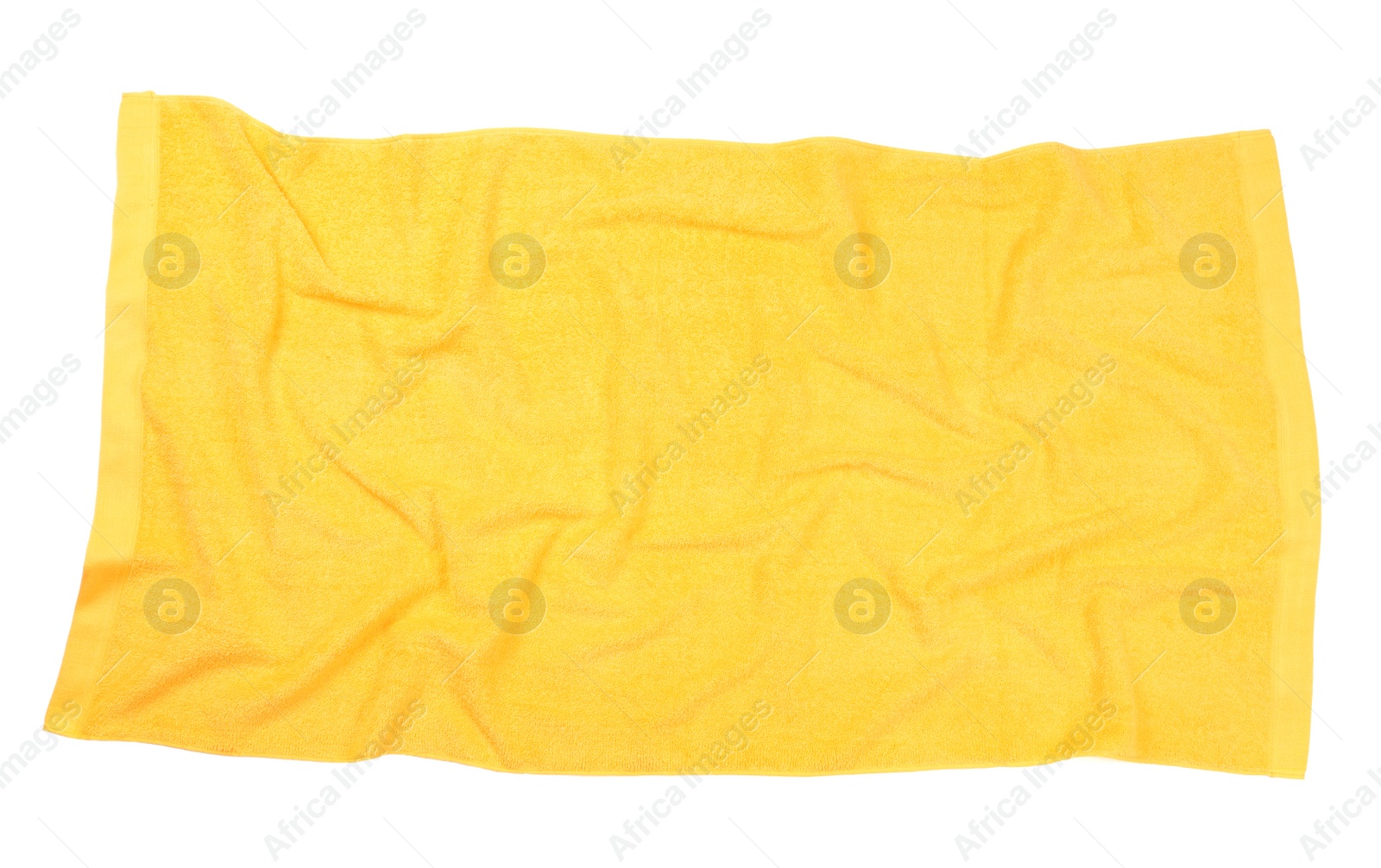 Photo of Crumpled orange beach towel isolated on white, top view