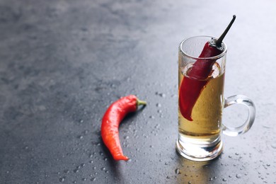 Red hot chili peppers and vodka in shot glass on grey table, space for text