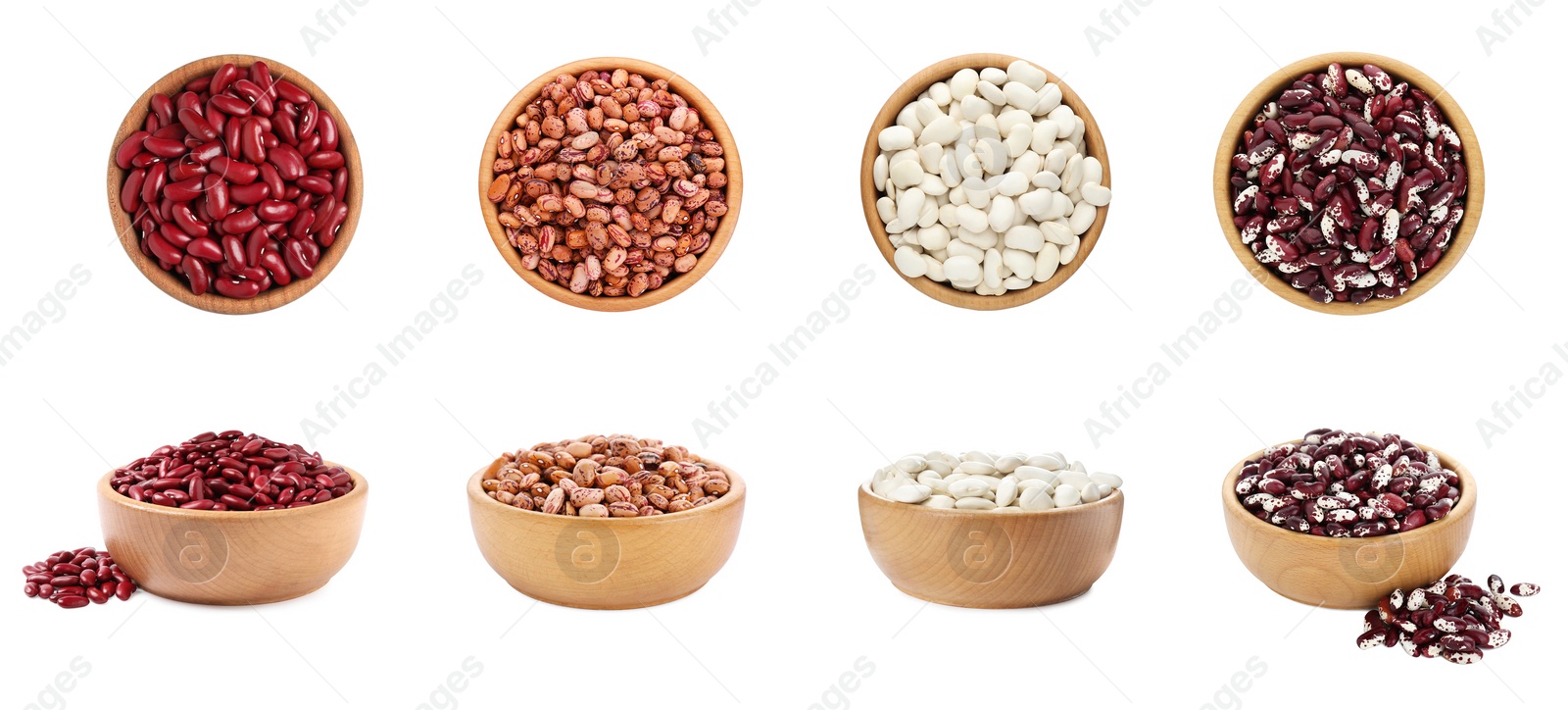 Image of Different raw kidney beans in bowls isolated on white. Collection with top and side views