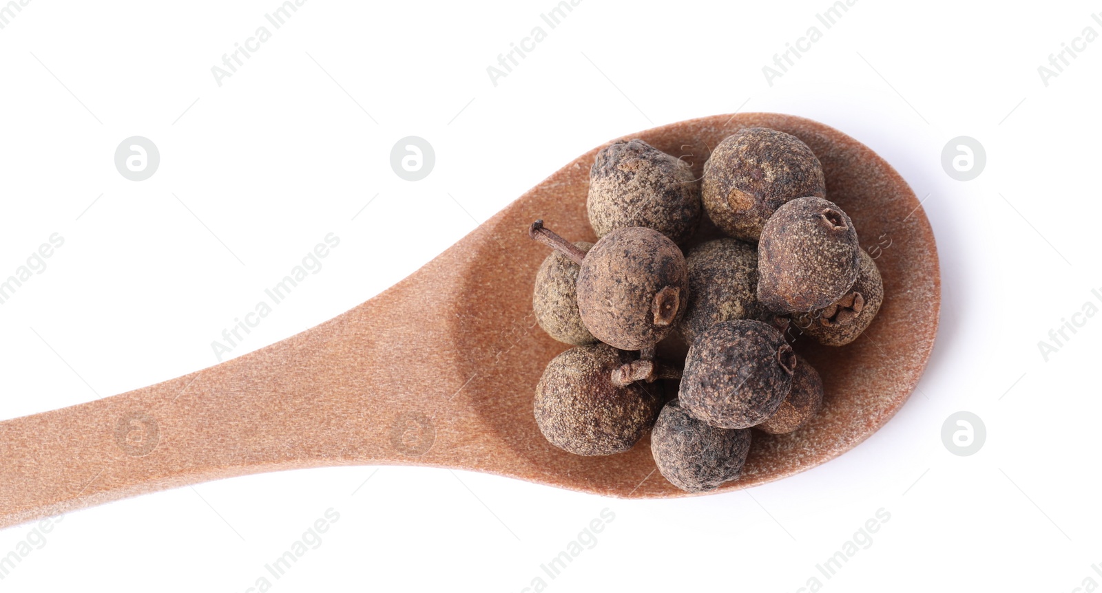 Photo of Spicy black pepper grains isolated on white, top view