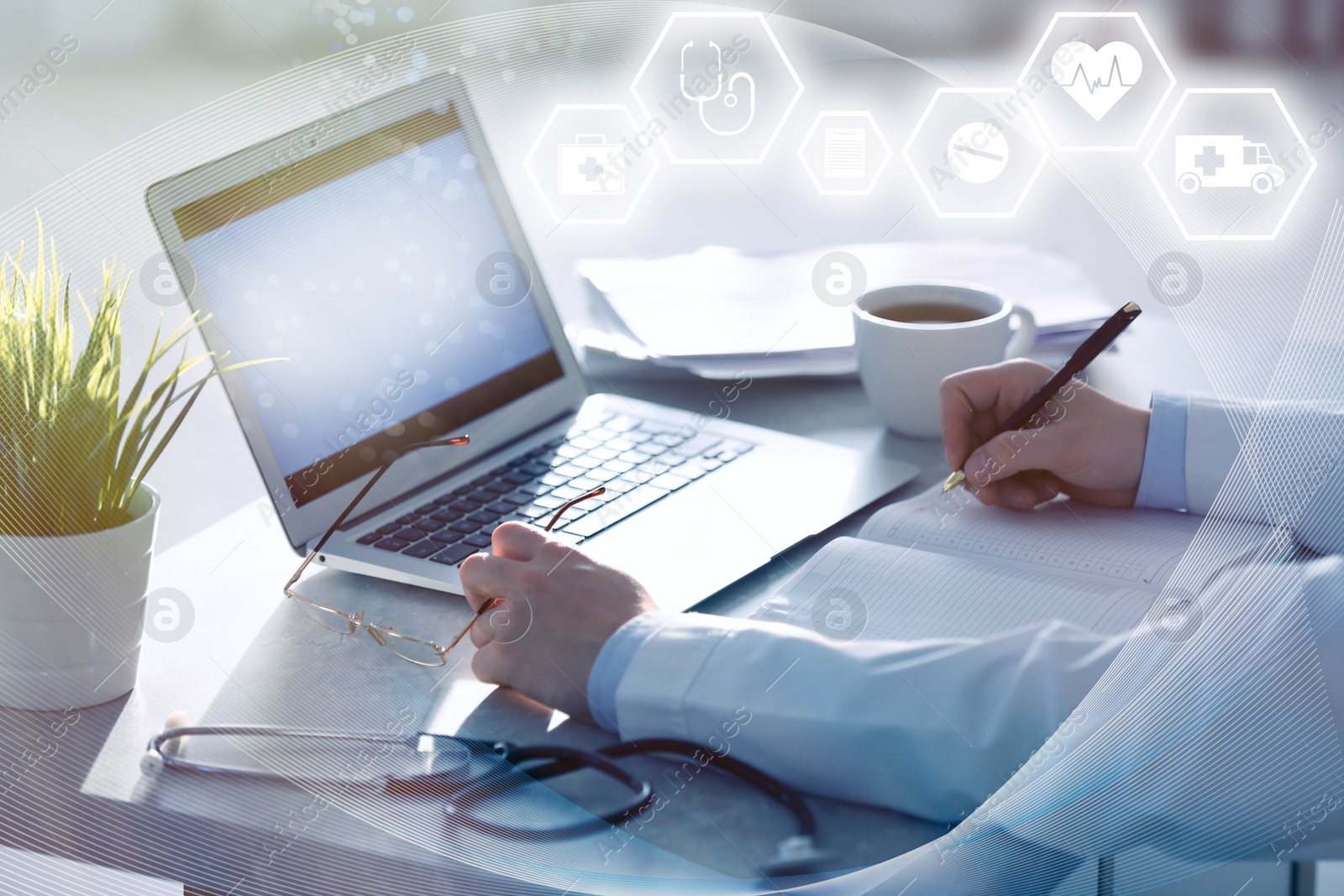 Image of Science technology concept. Professional doctor working on laptop in office, closeup