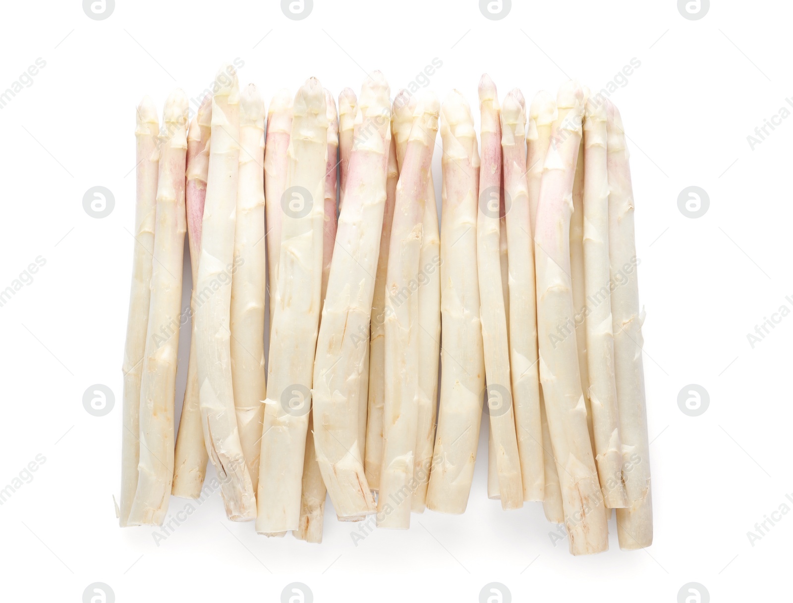 Photo of Fresh ripe raw asparagus isolated on white, top view