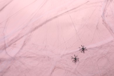 Cobweb and spiders on pink background, top view