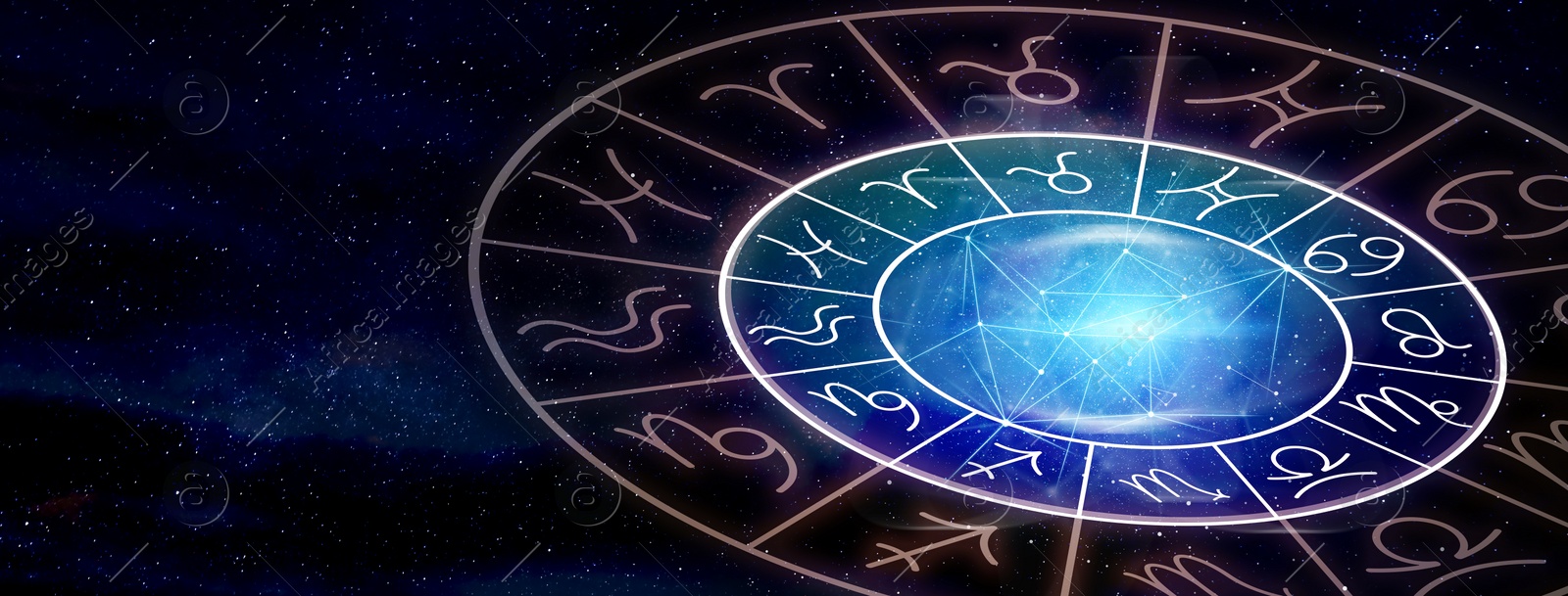 Image of Zodiac wheel with astrological signs around bright star in open space, illustration