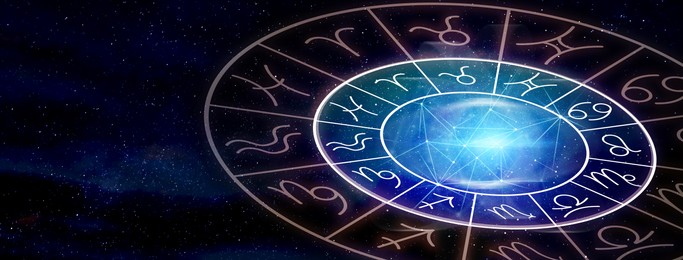 Image of Zodiac wheel with astrological signs around bright star in open space, illustration