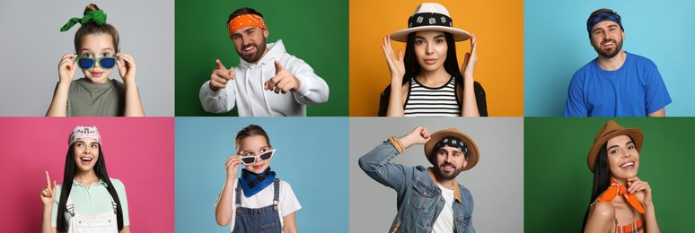 Collage with photos of people wearing stylish bandanas on different color backgrounds. Banner design