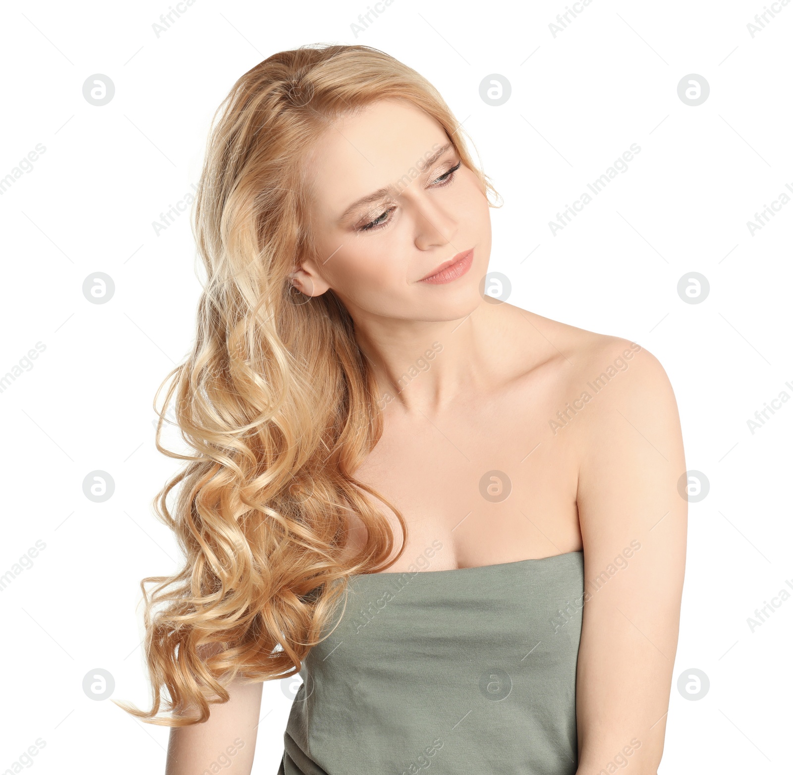 Photo of Portrait of beautiful woman with long blonde hair on white background