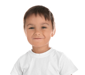 Portrait of cute little boy on white background