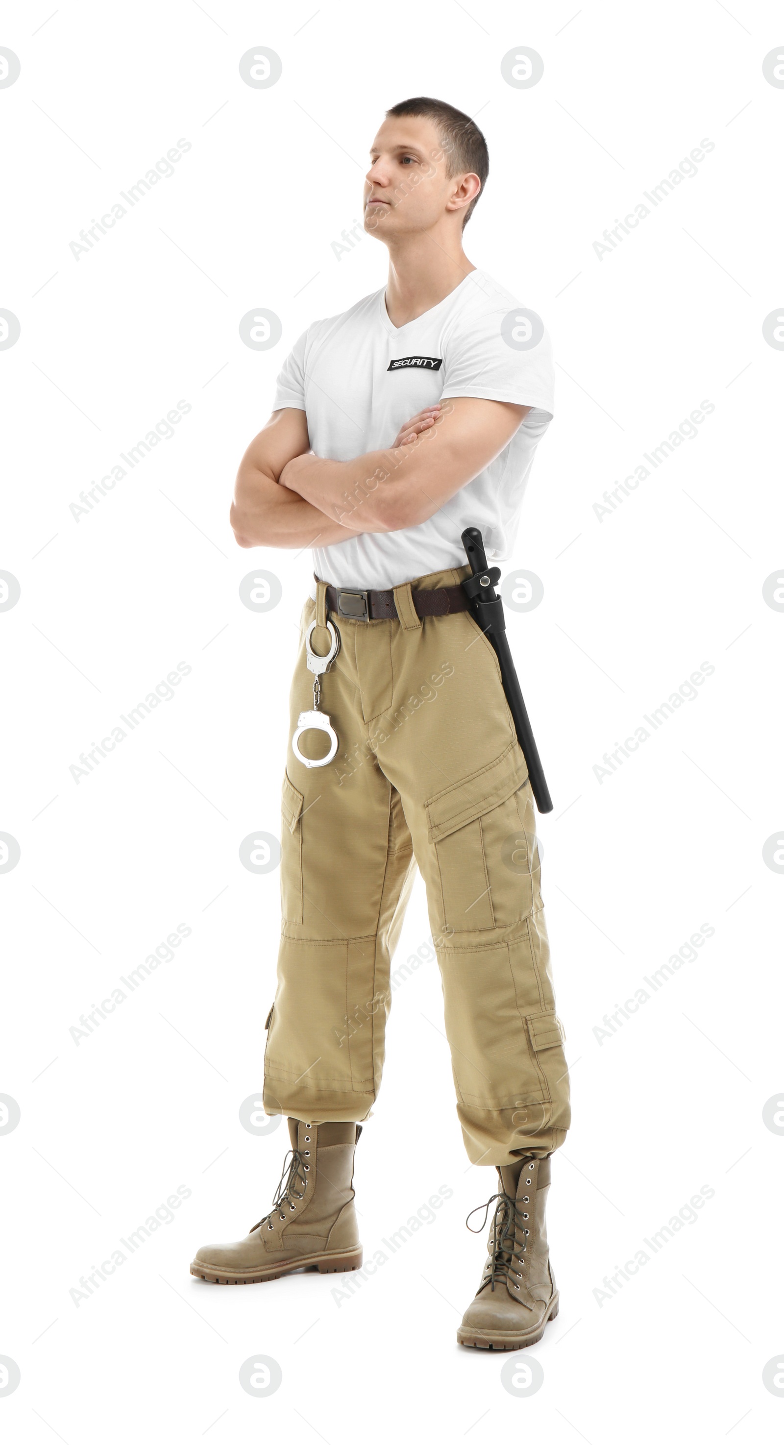 Photo of Male security guard in uniform on white background