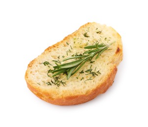 Piece of tasty baguette with rosemary and dill isolated on white
