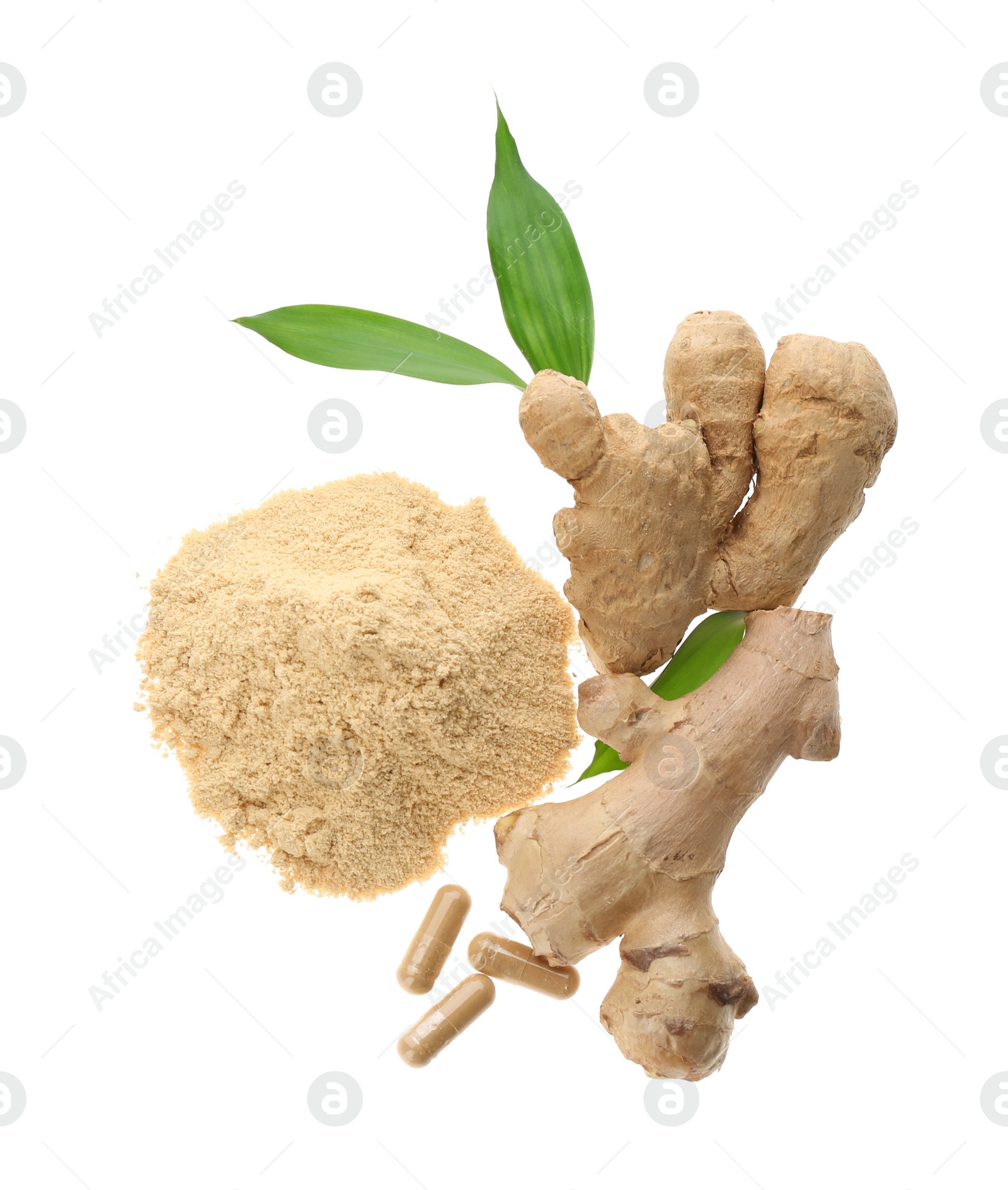 Photo of Dry, fresh and capsuled ginger isolated on white, top view