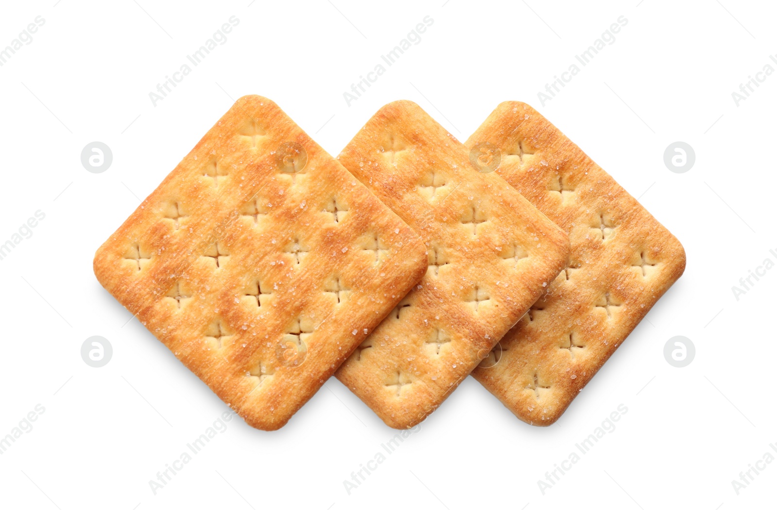 Photo of Delicious crispy crackers isolated on white, top view