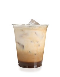 Photo of Takeaway plastic cup with cold coffee drink isolated on white