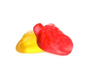 Tasty jelly fruit shaped candies on white background