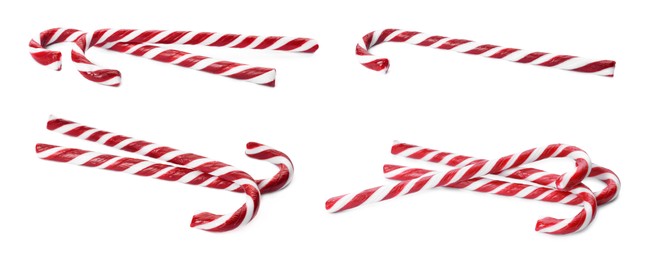 Set with yummy sweet Christmas candy canes on white background. Banner design