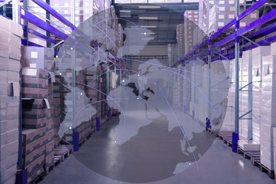 Image of Worldwide logistics. Warehouse with lots of boxes on racks and illustration of Earth