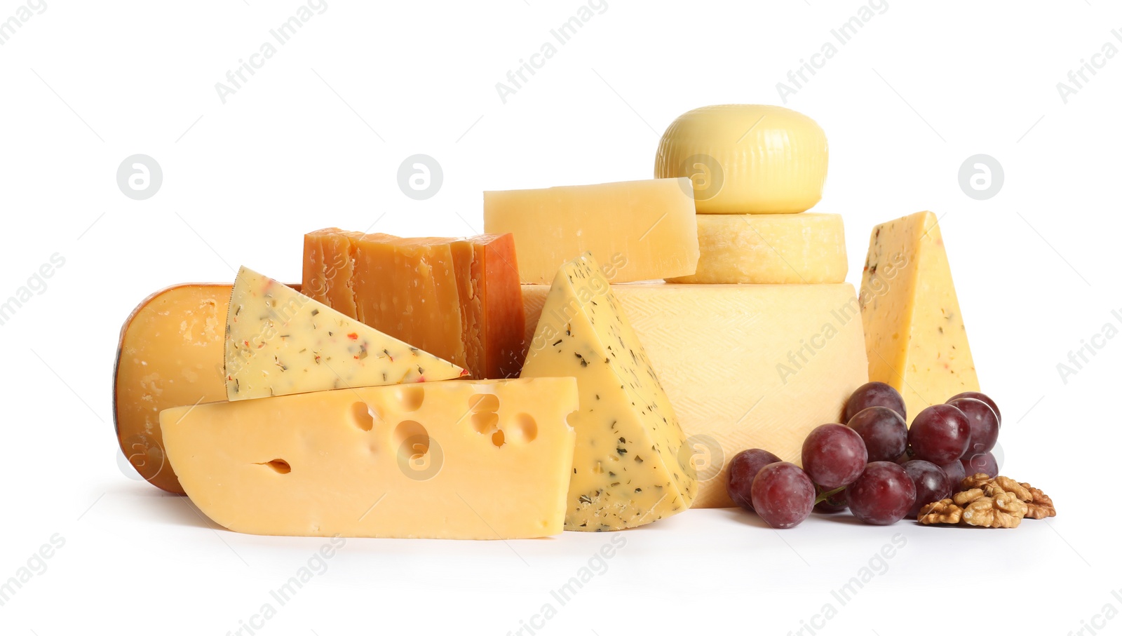 Photo of Composition with cheese, grapes and walnuts on white background