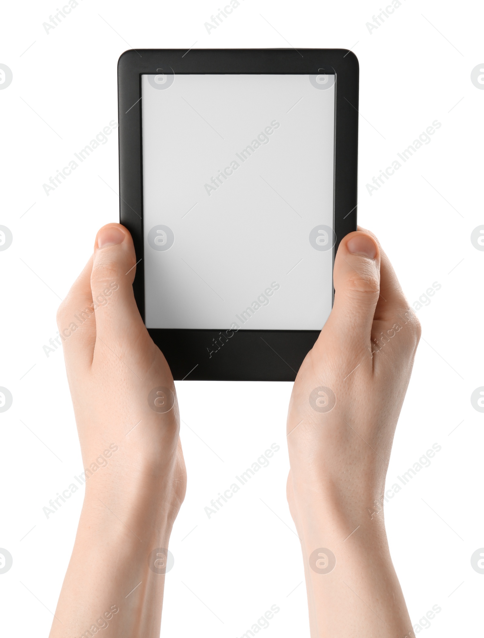 Photo of Woman using e-book reader on white background, closeup