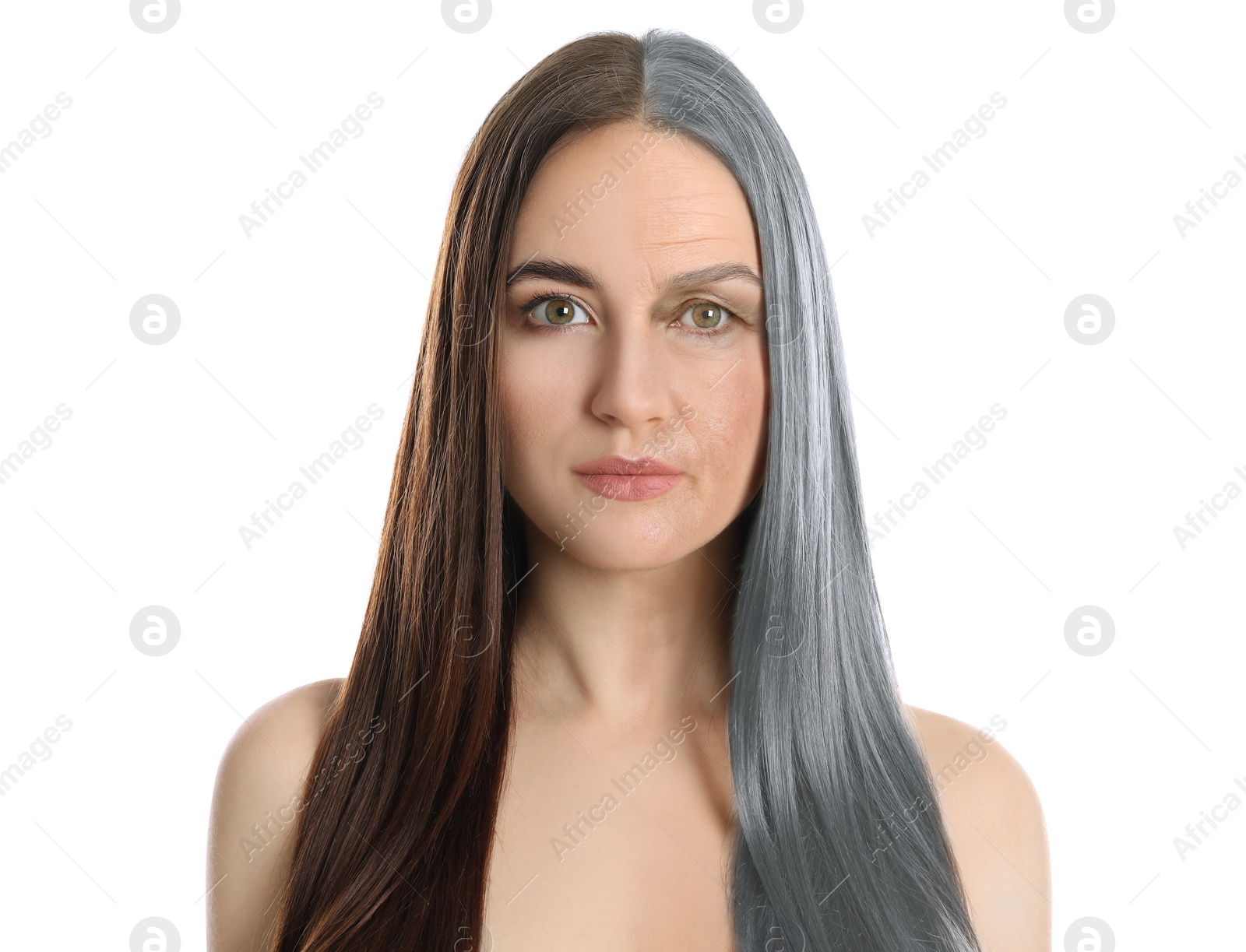 Image of Natural aging, comparison. Portrait of woman in young and old ages on white background