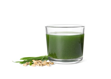 Photo of Wheat grass drink in glass, seeds and fresh green sprouts isolated on white