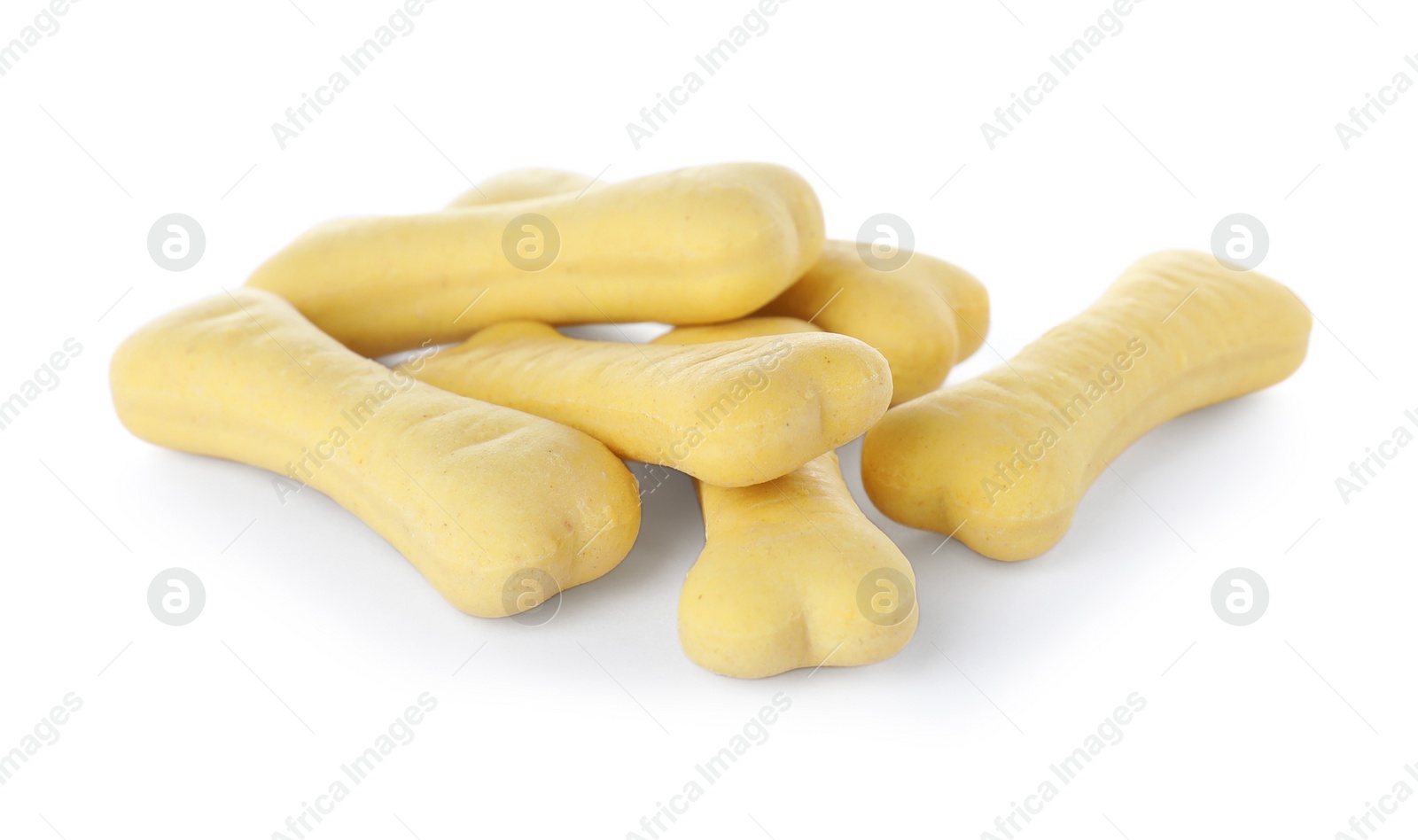 Photo of Bone shaped dog cookies on white background