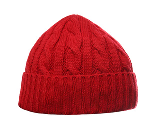 Woman wearing red knitted hat on white background, closeup. Winter sports clothes