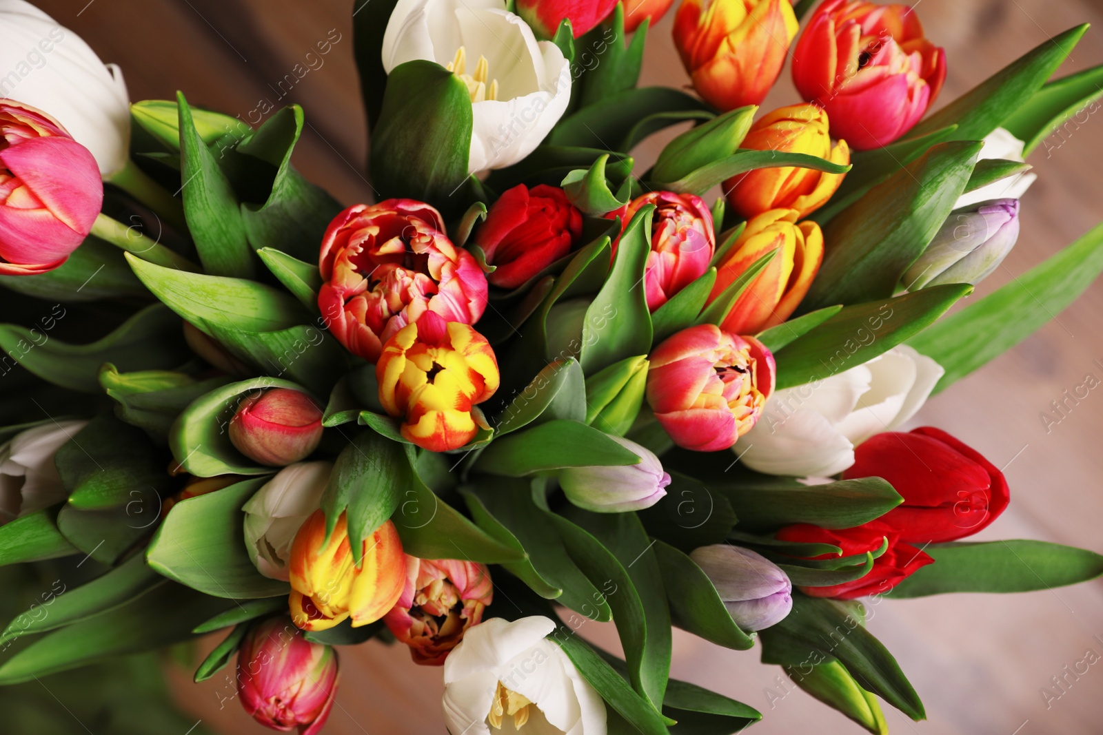 Photo of Beautiful bouquet of colorful tulip flowers, closeup