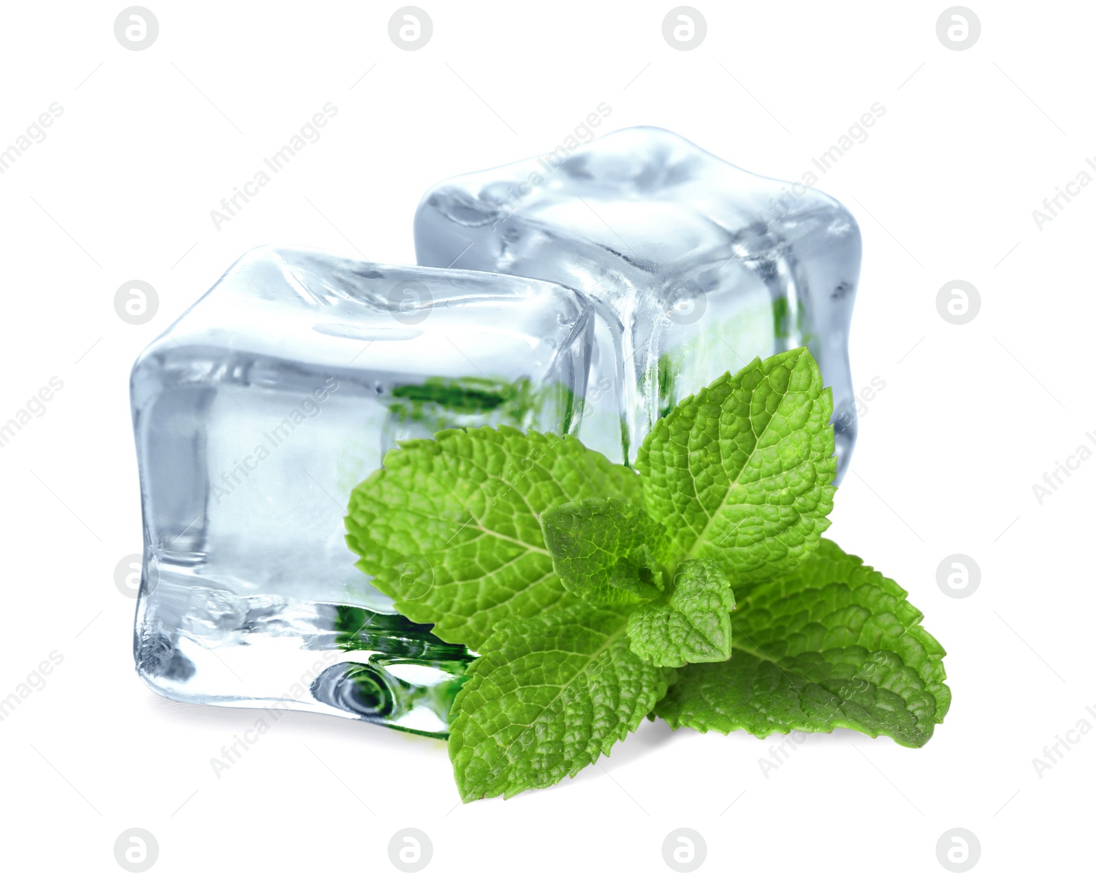 Image of Green mint and ice cubes isolated on white