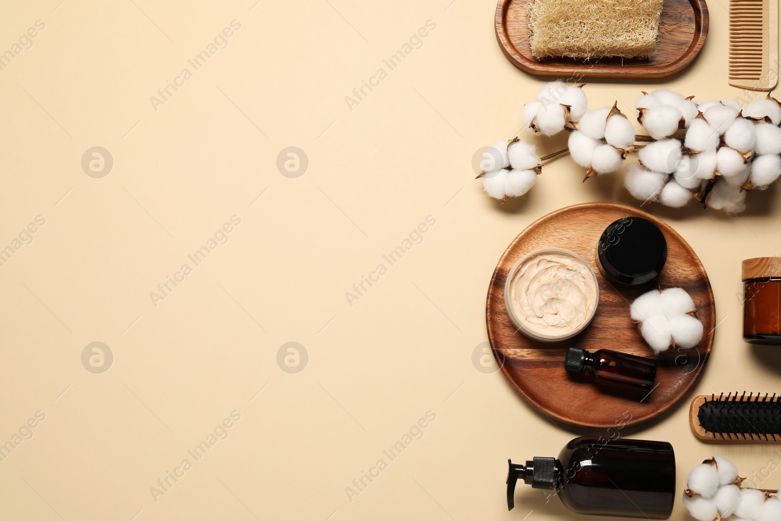 Photo of Bath accessories. Flat lay composition with personal care products on beige background, space for text