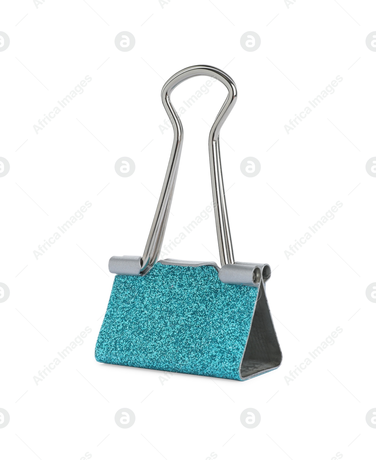 Photo of Turquoise binder clip isolated on white. Stationery item