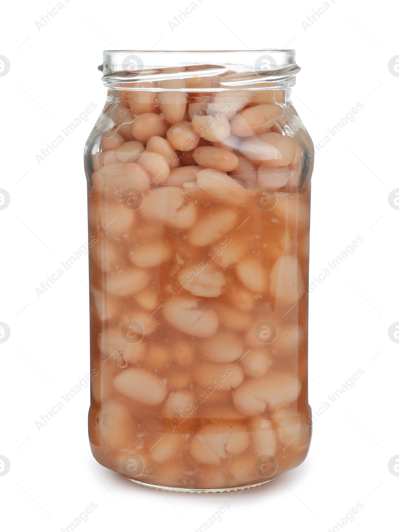 Photo of Glass jar with pickled beans isolated on white