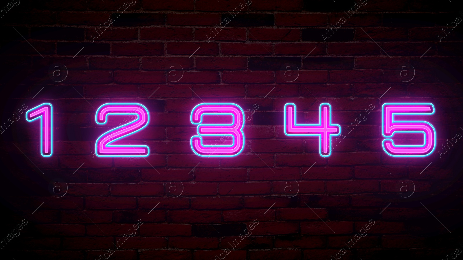 Image of Glowing neon number (1, 2, 3, 4, 5) signs on brick wall