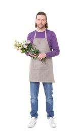 Photo of Male florist holding roses on white background