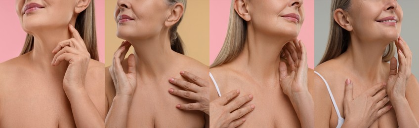 Image of Woman touching her neck on color backgrounds, set of photos