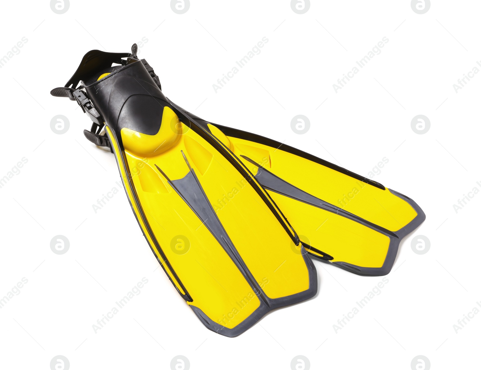 Photo of Pair of yellow flippers on white background