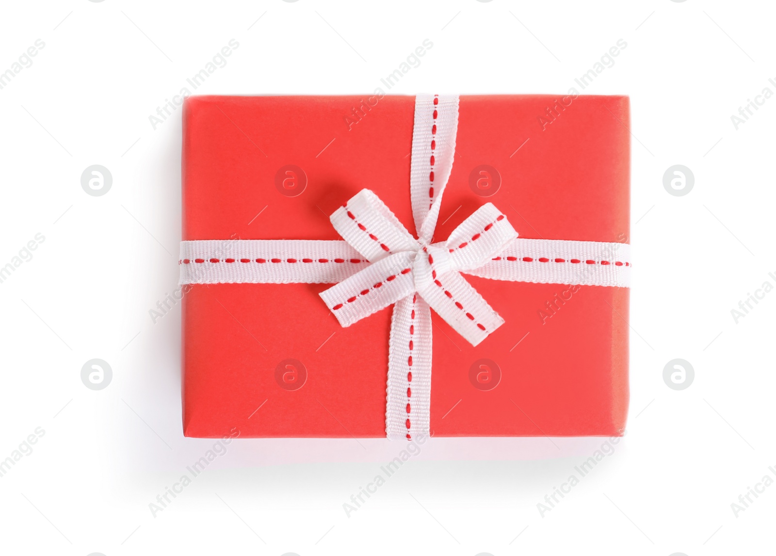 Photo of Beautifully wrapped gift box on white background, top view