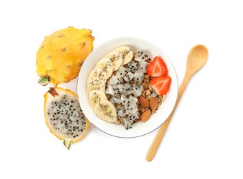 Photo of Bowl of granola with pitahaya, banana and strawberry on white background, top view