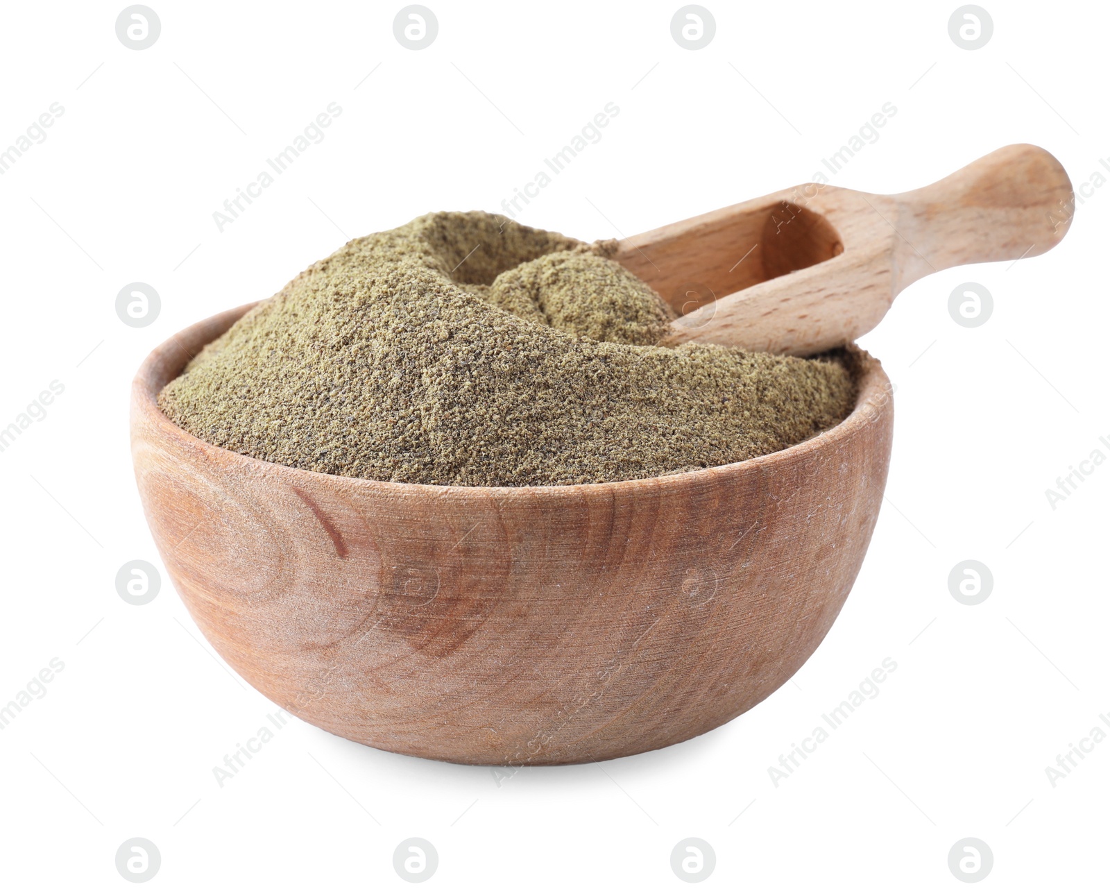 Photo of Spicy milled black pepper in wooden bowl with scoop isolated on white