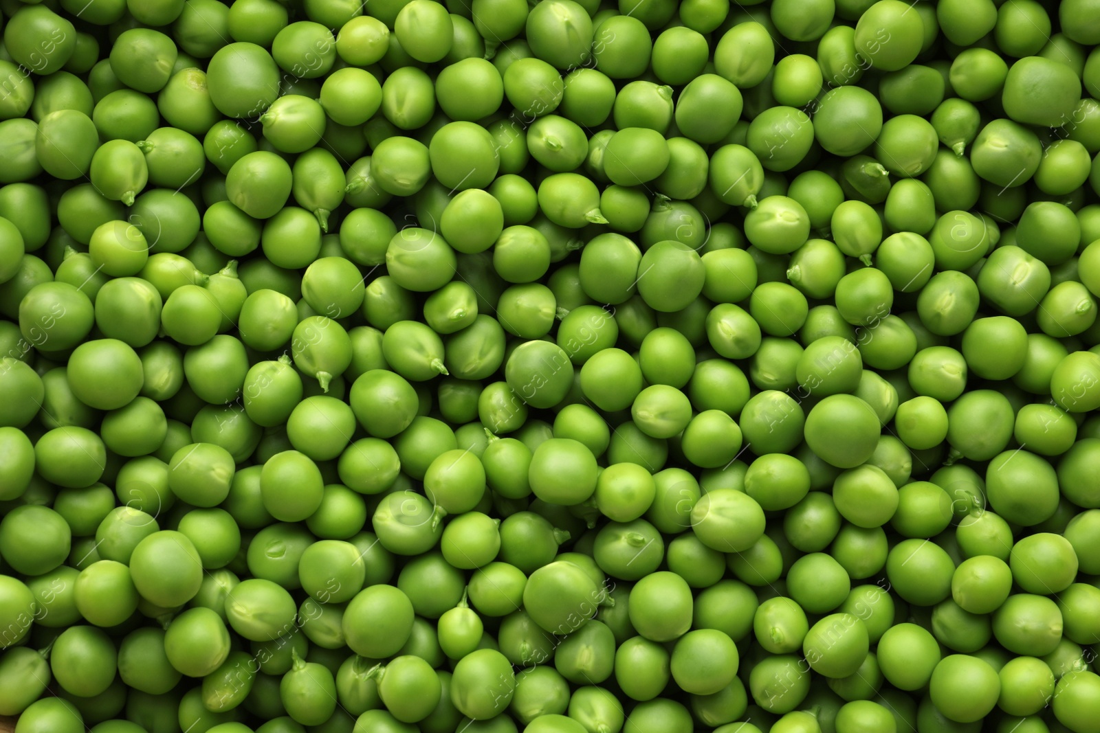 Photo of Fresh raw green peas as background, top view