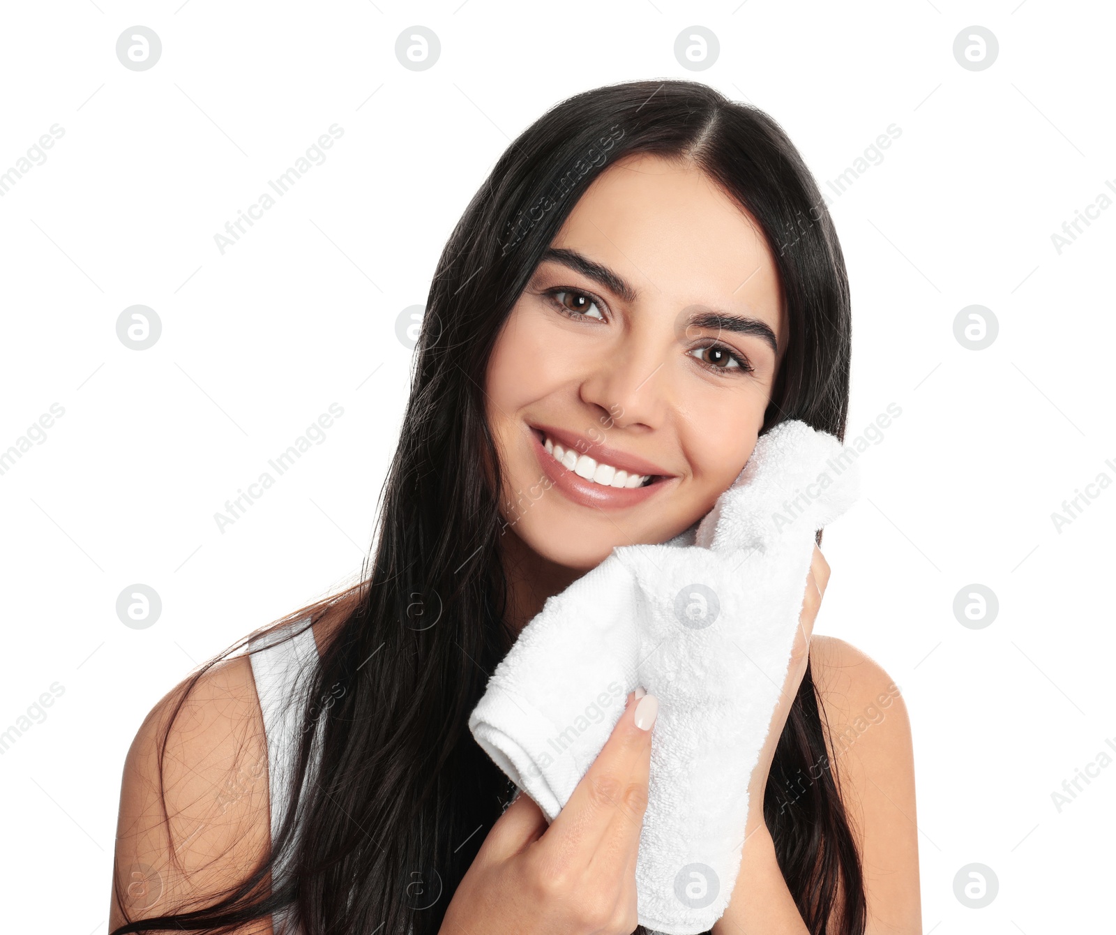 Photo of Young woman wiping face with towel on white background